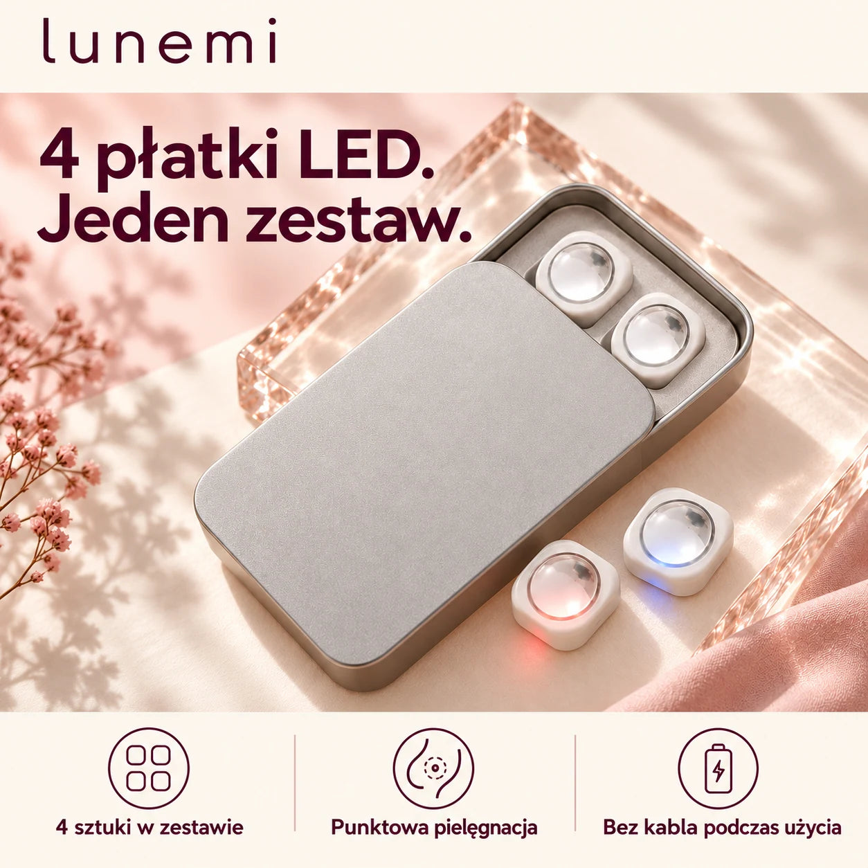 Lunemi — cztery płatki LED w jednym zestawie, punktowa pielęgnacja i używanie bez kabla.